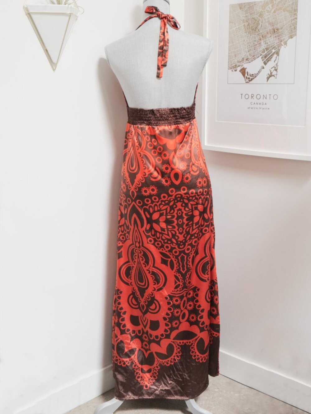 Bohemian Orange & Brown Paisley Print Halter Maxi Dress w/ Plunging Deep V Neck - Picture 2 of 9